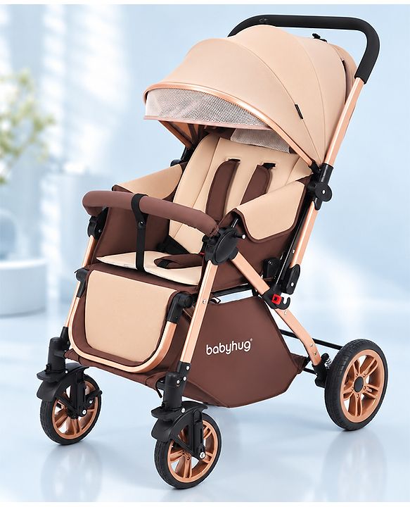 Babyhug Stroller with Reversible Handle & Feeding Tray - Khaki| Reversible Handle| Suspension Wheels| Linen Fabric| Front Swivel Wheels| Storage Basket| Linked Brake| Food Tray