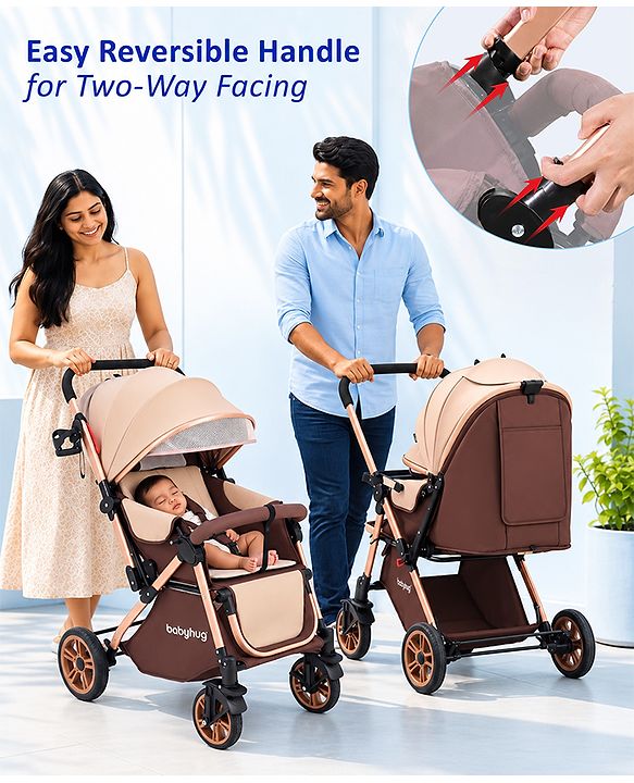 Babyhug Stroller with Reversible Handle & Feeding Tray - Khaki| Reversible Handle| Suspension Wheels| Linen Fabric| Front Swivel Wheels| Storage Basket| Linked Brake| Food Tray