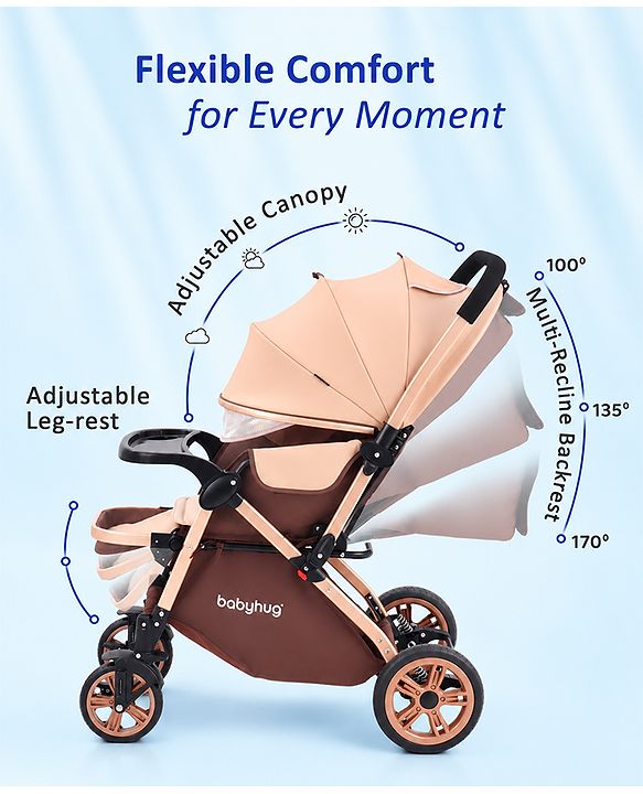 Babyhug Stroller with Reversible Handle & Feeding Tray - Khaki| Reversible Handle| Suspension Wheels| Linen Fabric| Front Swivel Wheels| Storage Basket| Linked Brake| Food Tray