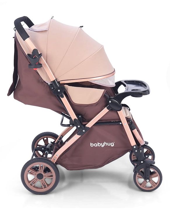 Babyhug Stroller with Reversible Handle & Feeding Tray - Khaki| Reversible Handle| Suspension Wheels| Linen Fabric| Front Swivel Wheels| Storage Basket| Linked Brake| Food Tray