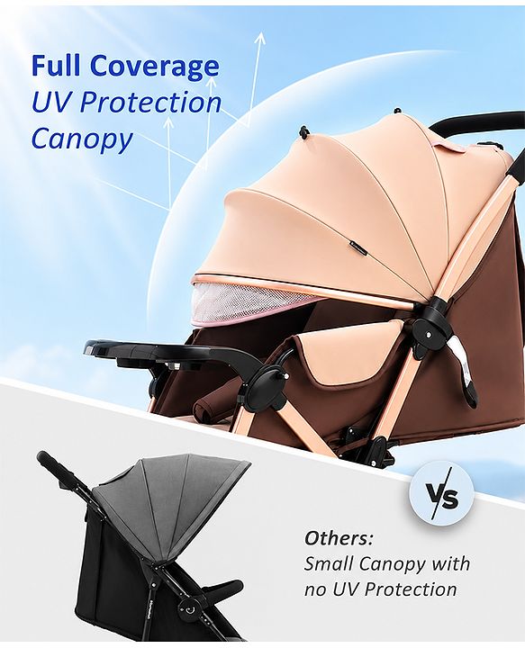 Babyhug Stroller with Reversible Handle & Feeding Tray - Khaki| Reversible Handle| Suspension Wheels| Linen Fabric| Front Swivel Wheels| Storage Basket| Linked Brake| Food Tray