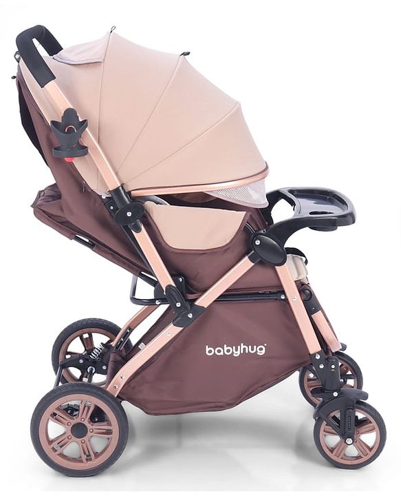 Babyhug Stroller with Reversible Handle & Feeding Tray - Khaki| Reversible Handle| Suspension Wheels| Linen Fabric| Front Swivel Wheels| Storage Basket| Linked Brake| Food Tray