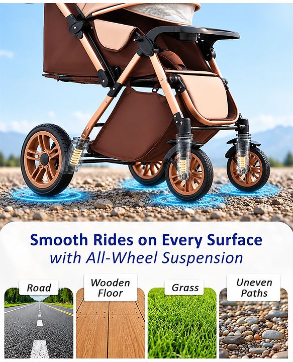 Babyhug Stroller with Reversible Handle & Feeding Tray - Khaki| Reversible Handle| Suspension Wheels| Linen Fabric| Front Swivel Wheels| Storage Basket| Linked Brake| Food Tray
