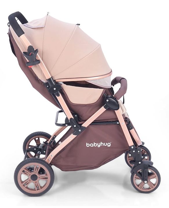 Babyhug Stroller with Reversible Handle & Feeding Tray - Khaki| Reversible Handle| Suspension Wheels| Linen Fabric| Front Swivel Wheels| Storage Basket| Linked Brake| Food Tray