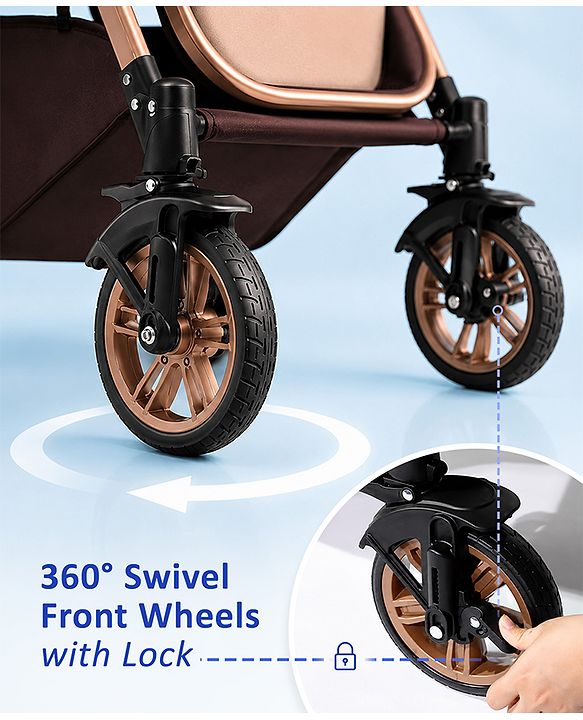 Babyhug Stroller with Reversible Handle & Feeding Tray - Khaki| Reversible Handle| Suspension Wheels| Linen Fabric| Front Swivel Wheels| Storage Basket| Linked Brake| Food Tray