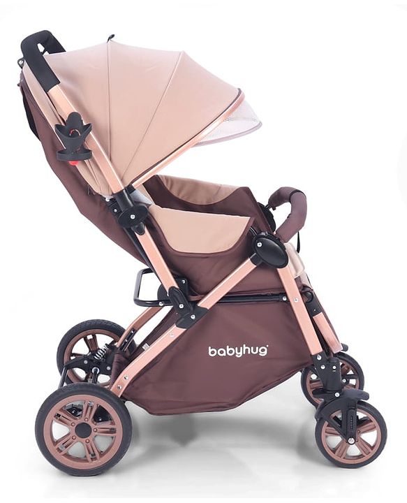 Babyhug Stroller with Reversible Handle & Feeding Tray - Khaki| Reversible Handle| Suspension Wheels| Linen Fabric| Front Swivel Wheels| Storage Basket| Linked Brake| Food Tray