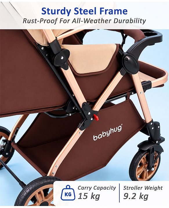 Babyhug Stroller with Reversible Handle & Feeding Tray - Khaki| Reversible Handle| Suspension Wheels| Linen Fabric| Front Swivel Wheels| Storage Basket| Linked Brake| Food Tray