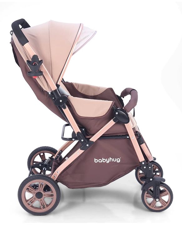 Babyhug Stroller with Reversible Handle & Feeding Tray - Khaki| Reversible Handle| Suspension Wheels| Linen Fabric| Front Swivel Wheels| Storage Basket| Linked Brake| Food Tray