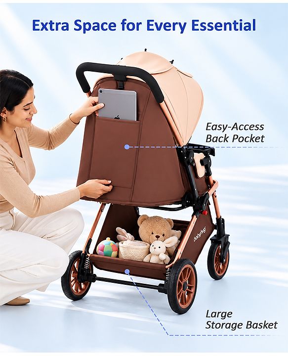 Babyhug Stroller with Reversible Handle & Feeding Tray - Khaki| Reversible Handle| Suspension Wheels| Linen Fabric| Front Swivel Wheels| Storage Basket| Linked Brake| Food Tray