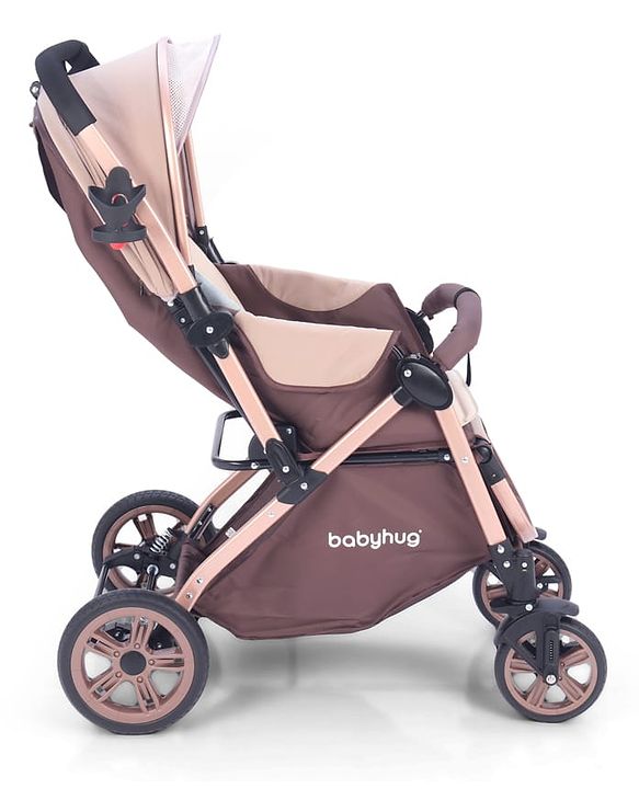 Babyhug Stroller with Reversible Handle & Feeding Tray - Khaki| Reversible Handle| Suspension Wheels| Linen Fabric| Front Swivel Wheels| Storage Basket| Linked Brake| Food Tray