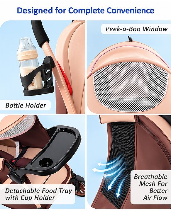 Babyhug Stroller with Reversible Handle & Feeding Tray - Khaki| Reversible Handle| Suspension Wheels| Linen Fabric| Front Swivel Wheels| Storage Basket| Linked Brake| Food Tray