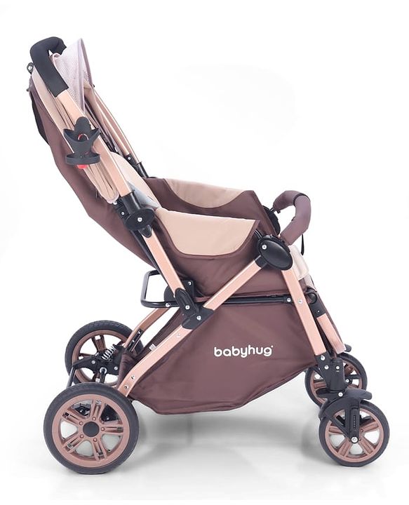 Babyhug Stroller with Reversible Handle & Feeding Tray - Khaki| Reversible Handle| Suspension Wheels| Linen Fabric| Front Swivel Wheels| Storage Basket| Linked Brake| Food Tray
