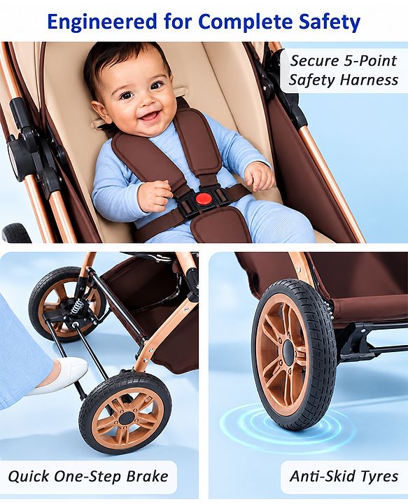 Babyhug Stroller with Reversible Handle & Feeding Tray - Khaki| Reversible Handle| Suspension Wheels| Linen Fabric| Front Swivel Wheels| Storage Basket| Linked Brake| Food Tray