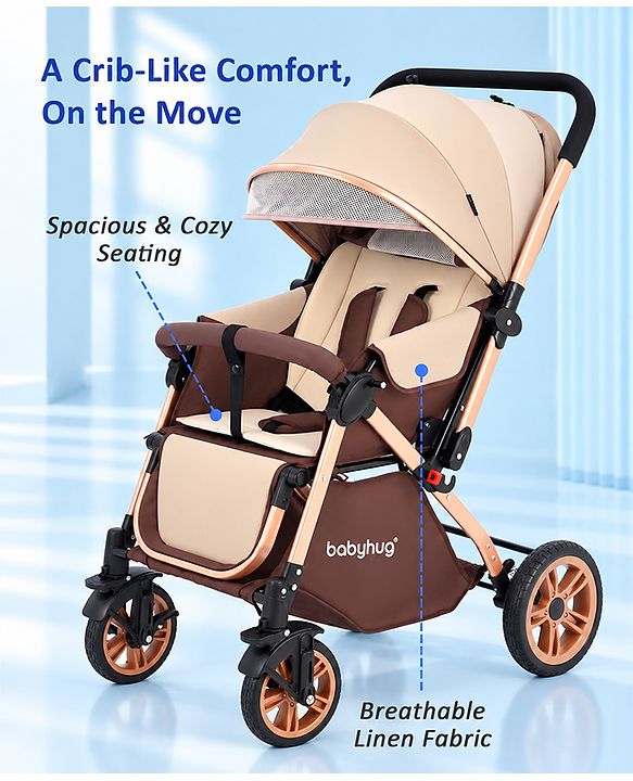 Babyhug Stroller with Reversible Handle & Feeding Tray - Khaki| Reversible Handle| Suspension Wheels| Linen Fabric| Front Swivel Wheels| Storage Basket| Linked Brake| Food Tray