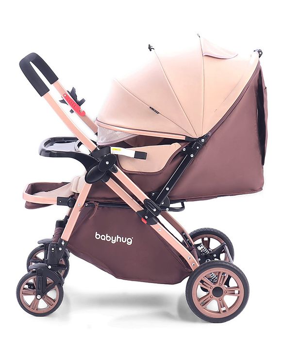 Babyhug Stroller with Reversible Handle & Feeding Tray - Khaki| Reversible Handle| Suspension Wheels| Linen Fabric| Front Swivel Wheels| Storage Basket| Linked Brake| Food Tray
