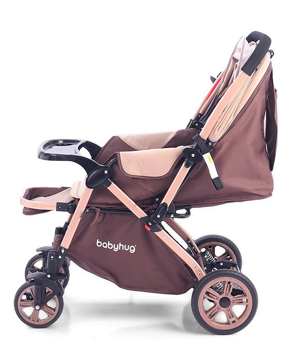 Babyhug Stroller with Reversible Handle & Feeding Tray - Khaki| Reversible Handle| Suspension Wheels| Linen Fabric| Front Swivel Wheels| Storage Basket| Linked Brake| Food Tray