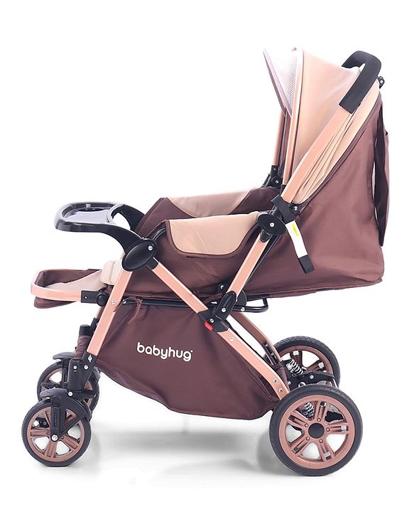Babyhug Stroller with Reversible Handle & Feeding Tray - Khaki| Reversible Handle| Suspension Wheels| Linen Fabric| Front Swivel Wheels| Storage Basket| Linked Brake| Food Tray