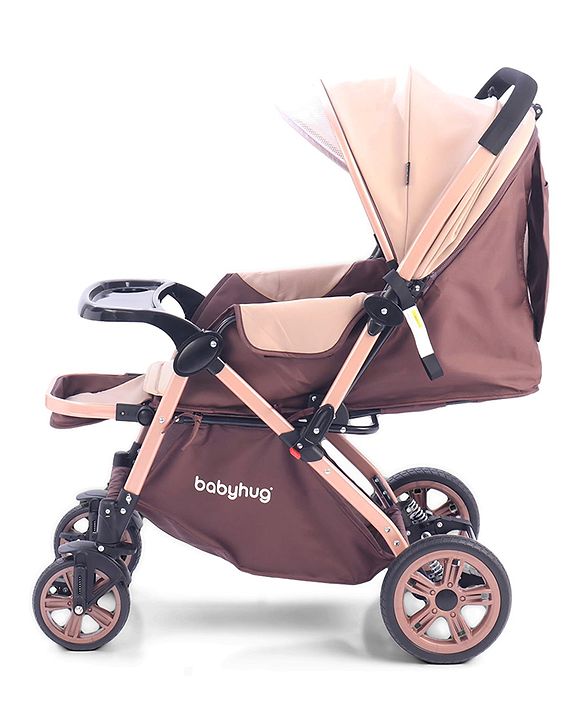 Babyhug Stroller with Reversible Handle & Feeding Tray - Khaki| Reversible Handle| Suspension Wheels| Linen Fabric| Front Swivel Wheels| Storage Basket| Linked Brake| Food Tray