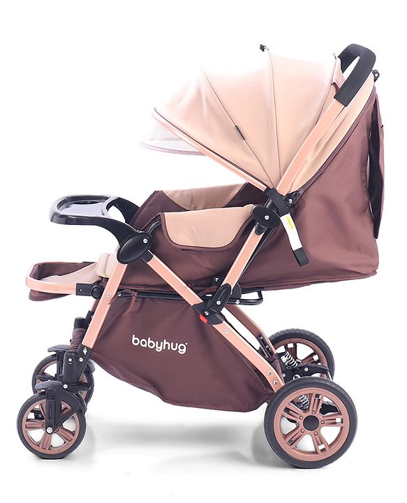 Babyhug Stroller with Reversible Handle & Feeding Tray - Khaki| Reversible Handle| Suspension Wheels| Linen Fabric| Front Swivel Wheels| Storage Basket| Linked Brake| Food Tray