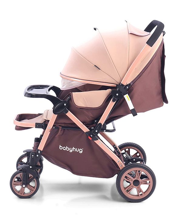 Babyhug Stroller with Reversible Handle & Feeding Tray - Khaki| Reversible Handle| Suspension Wheels| Linen Fabric| Front Swivel Wheels| Storage Basket| Linked Brake| Food Tray