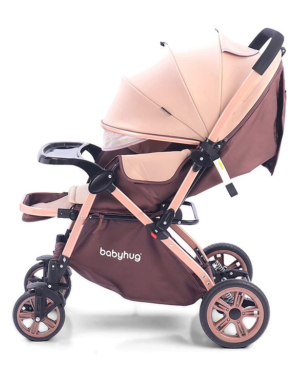 Babyhug Stroller with Reversible Handle & Feeding Tray - Khaki| Reversible Handle| Suspension Wheels| Linen Fabric| Front Swivel Wheels| Storage Basket| Linked Brake| Food Tray