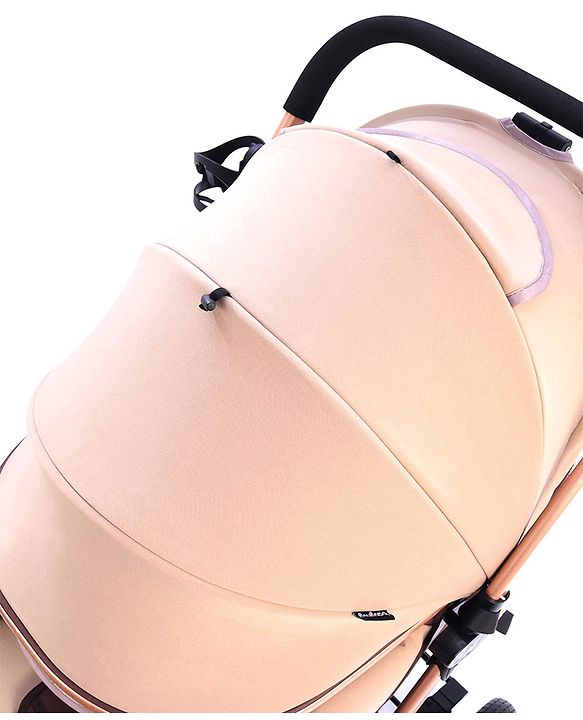 Babyhug Stroller with Reversible Handle & Feeding Tray - Khaki| Reversible Handle| Suspension Wheels| Linen Fabric| Front Swivel Wheels| Storage Basket| Linked Brake| Food Tray