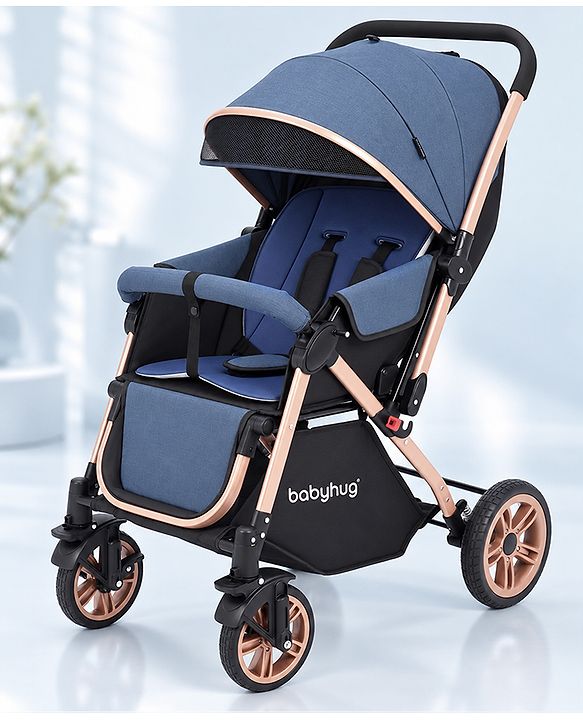 Babyhug Stroller with Reversible Handle & Feeding Tray - Khaki| Reversible Handle| Suspension Wheels| Linen Fabric| Front Swivel Wheels| Storage Basket| Linked Brake| Food Tray