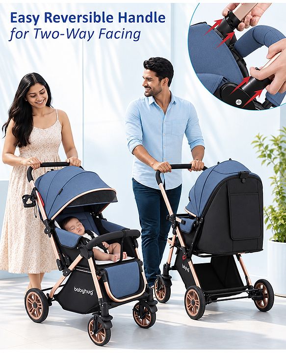 Babyhug Stroller with Reversible Handle & Feeding Tray - Khaki| Reversible Handle| Suspension Wheels| Linen Fabric| Front Swivel Wheels| Storage Basket| Linked Brake| Food Tray