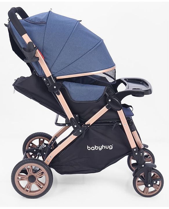 Babyhug Stroller with Reversible Handle & Feeding Tray - Khaki| Reversible Handle| Suspension Wheels| Linen Fabric| Front Swivel Wheels| Storage Basket| Linked Brake| Food Tray
