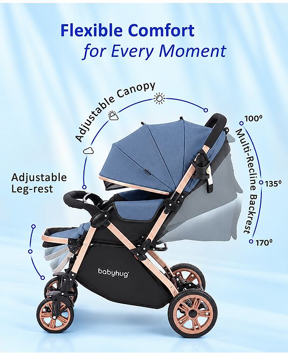 Babyhug Stroller with Reversible Handle & Feeding Tray - Khaki| Reversible Handle| Suspension Wheels| Linen Fabric| Front Swivel Wheels| Storage Basket| Linked Brake| Food Tray