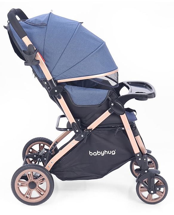Babyhug Stroller with Reversible Handle & Feeding Tray - Khaki| Reversible Handle| Suspension Wheels| Linen Fabric| Front Swivel Wheels| Storage Basket| Linked Brake| Food Tray