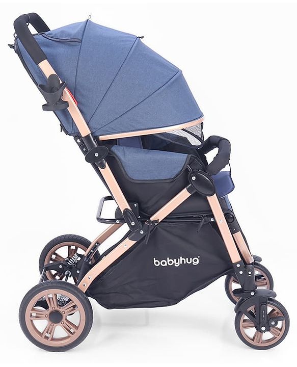 Babyhug Stroller with Reversible Handle & Feeding Tray - Khaki| Reversible Handle| Suspension Wheels| Linen Fabric| Front Swivel Wheels| Storage Basket| Linked Brake| Food Tray