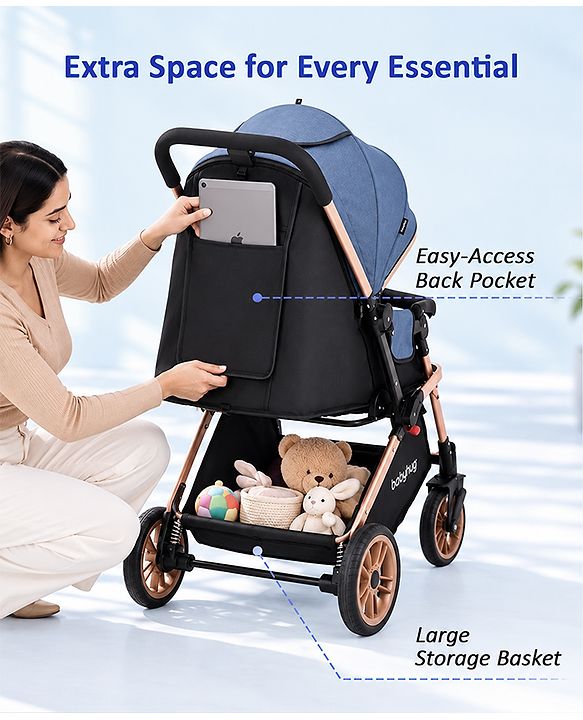 Babyhug Stroller with Reversible Handle & Feeding Tray - Khaki| Reversible Handle| Suspension Wheels| Linen Fabric| Front Swivel Wheels| Storage Basket| Linked Brake| Food Tray