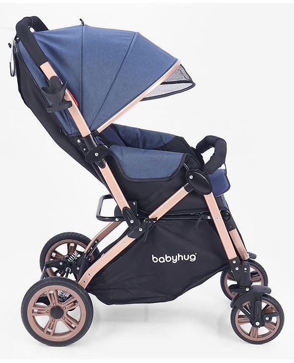 Babyhug Stroller with Reversible Handle & Feeding Tray - Khaki| Reversible Handle| Suspension Wheels| Linen Fabric| Front Swivel Wheels| Storage Basket| Linked Brake| Food Tray