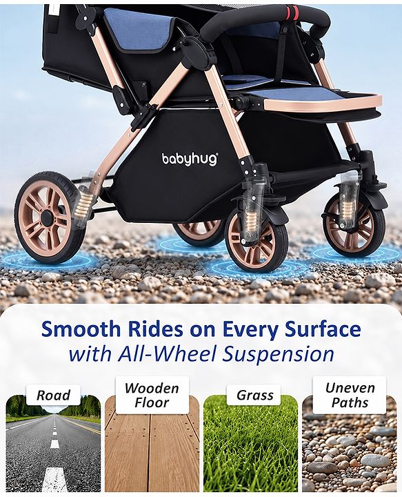 Babyhug Stroller with Reversible Handle & Feeding Tray - Khaki| Reversible Handle| Suspension Wheels| Linen Fabric| Front Swivel Wheels| Storage Basket| Linked Brake| Food Tray