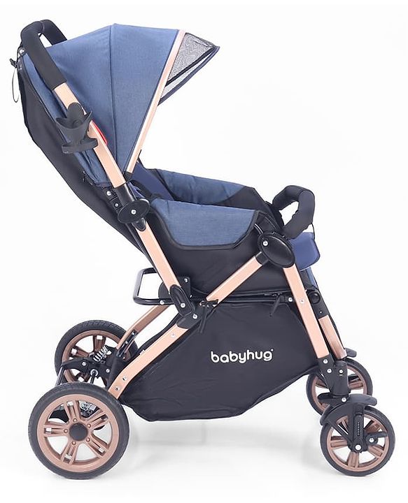 Babyhug Stroller with Reversible Handle & Feeding Tray - Khaki| Reversible Handle| Suspension Wheels| Linen Fabric| Front Swivel Wheels| Storage Basket| Linked Brake| Food Tray