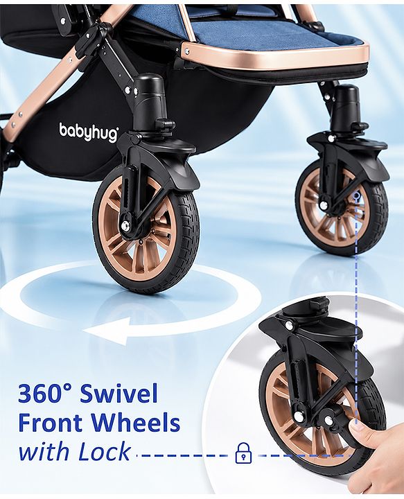Babyhug Stroller with Reversible Handle & Feeding Tray - Khaki| Reversible Handle| Suspension Wheels| Linen Fabric| Front Swivel Wheels| Storage Basket| Linked Brake| Food Tray