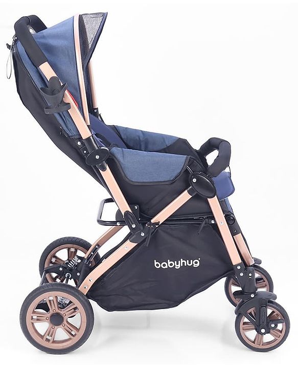 Babyhug Stroller with Reversible Handle & Feeding Tray - Khaki| Reversible Handle| Suspension Wheels| Linen Fabric| Front Swivel Wheels| Storage Basket| Linked Brake| Food Tray