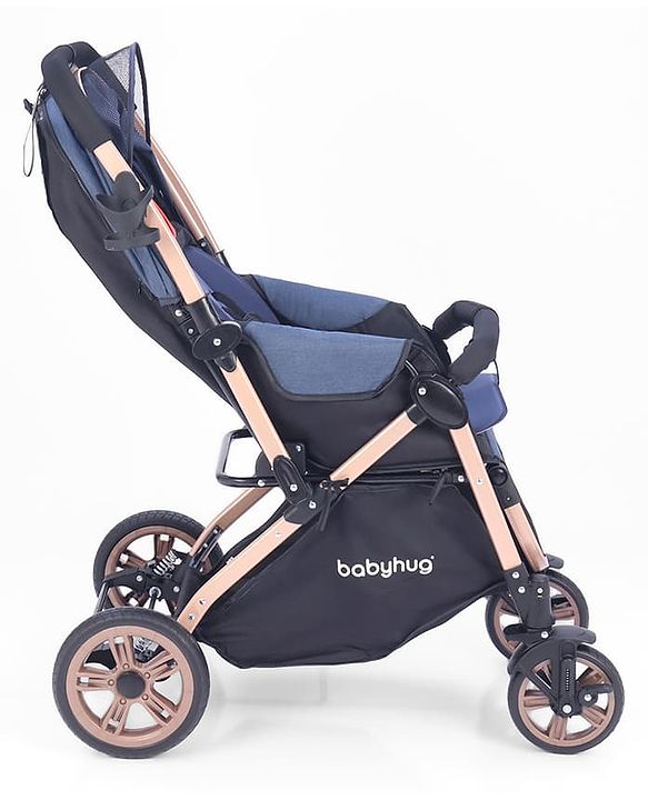 Babyhug Stroller with Reversible Handle & Feeding Tray - Khaki| Reversible Handle| Suspension Wheels| Linen Fabric| Front Swivel Wheels| Storage Basket| Linked Brake| Food Tray
