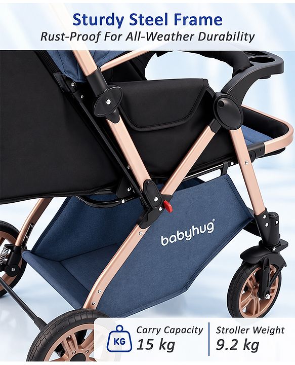 Babyhug Stroller with Reversible Handle & Feeding Tray - Khaki| Reversible Handle| Suspension Wheels| Linen Fabric| Front Swivel Wheels| Storage Basket| Linked Brake| Food Tray