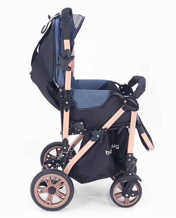 Babyhug Stroller with Reversible Handle & Feeding Tray - Khaki| Reversible Handle| Suspension Wheels| Linen Fabric| Front Swivel Wheels| Storage Basket| Linked Brake| Food Tray