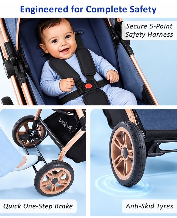 Babyhug Stroller with Reversible Handle & Feeding Tray - Khaki| Reversible Handle| Suspension Wheels| Linen Fabric| Front Swivel Wheels| Storage Basket| Linked Brake| Food Tray
