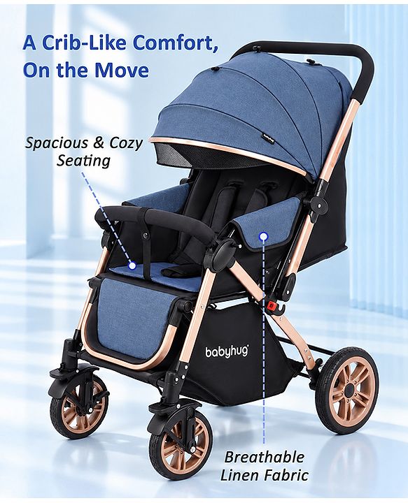 Babyhug Stroller with Reversible Handle & Feeding Tray - Khaki| Reversible Handle| Suspension Wheels| Linen Fabric| Front Swivel Wheels| Storage Basket| Linked Brake| Food Tray