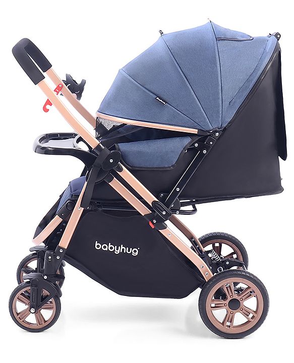 Babyhug Stroller with Reversible Handle & Feeding Tray - Khaki| Reversible Handle| Suspension Wheels| Linen Fabric| Front Swivel Wheels| Storage Basket| Linked Brake| Food Tray
