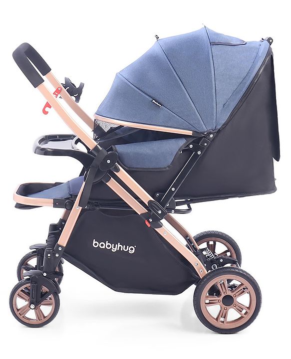 Babyhug Stroller with Reversible Handle & Feeding Tray - Khaki| Reversible Handle| Suspension Wheels| Linen Fabric| Front Swivel Wheels| Storage Basket| Linked Brake| Food Tray