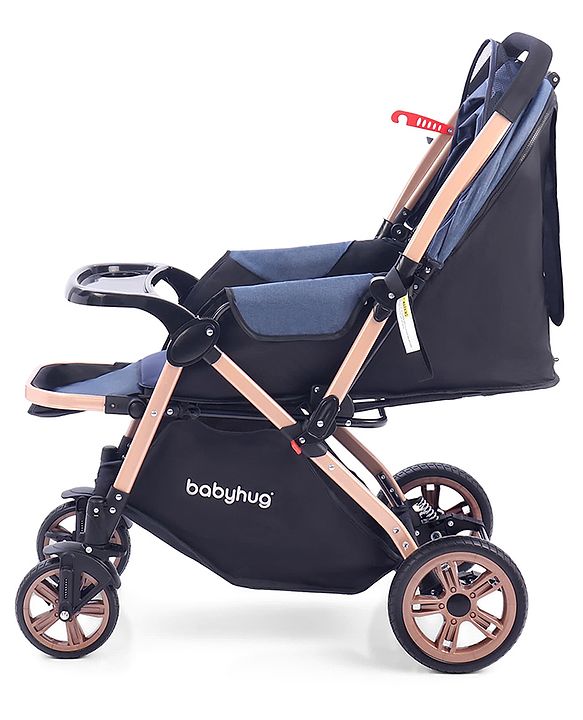 Babyhug Stroller with Reversible Handle & Feeding Tray - Khaki| Reversible Handle| Suspension Wheels| Linen Fabric| Front Swivel Wheels| Storage Basket| Linked Brake| Food Tray