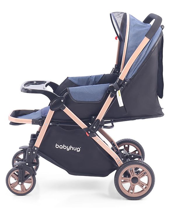 Babyhug Stroller with Reversible Handle & Feeding Tray - Khaki| Reversible Handle| Suspension Wheels| Linen Fabric| Front Swivel Wheels| Storage Basket| Linked Brake| Food Tray
