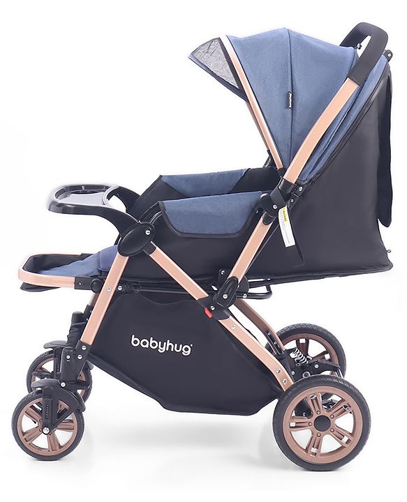 Babyhug Stroller with Reversible Handle & Feeding Tray - Khaki| Reversible Handle| Suspension Wheels| Linen Fabric| Front Swivel Wheels| Storage Basket| Linked Brake| Food Tray