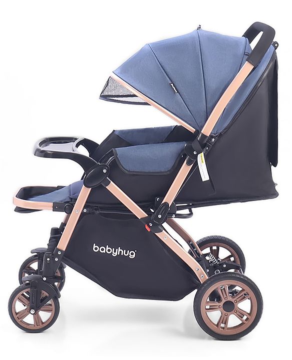 Babyhug Stroller with Reversible Handle & Feeding Tray - Khaki| Reversible Handle| Suspension Wheels| Linen Fabric| Front Swivel Wheels| Storage Basket| Linked Brake| Food Tray