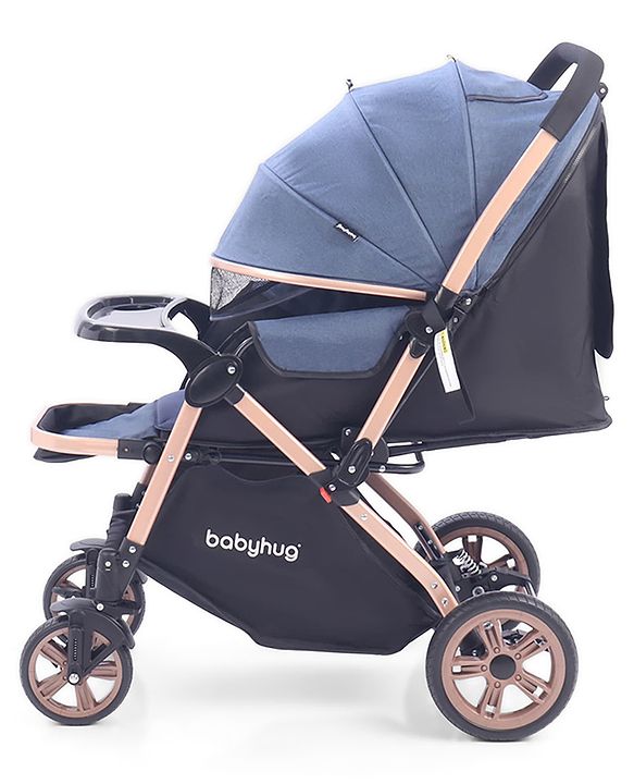 Babyhug Stroller with Reversible Handle & Feeding Tray - Khaki| Reversible Handle| Suspension Wheels| Linen Fabric| Front Swivel Wheels| Storage Basket| Linked Brake| Food Tray